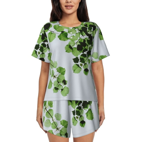 Fuzoiu Watercolor Green Leaves Print Women's Short-Sleeved Pajama Set,Lounge Sleepwear Set,Womens Pajama Sets 2 Piece,Button-Up Top and Shorts with Pockets-Large