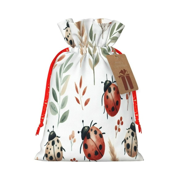 Fuzoiu Watercolor Ladybug Print Christmas Gift Bag,Burlap Gift Bag with Drawstring Closure & Hang Tag,Perfect for Holidays, Birthdays, and Special Occasions-Medium