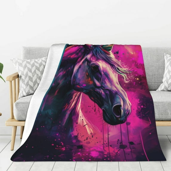Fuzoiu Watercolor Painting White Horse Print Flannel Throw Blanket,Light Weight Warm Decorative,Throw Blanket Cover for Sofa, Couch, Bedroom,Travel-80"x60"