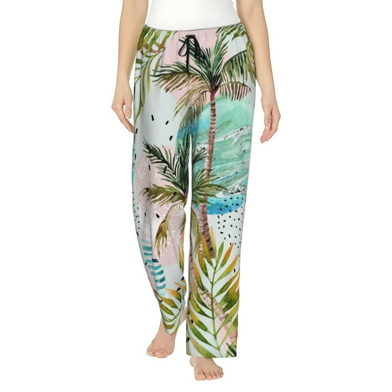 Fuzoiu Watercolor Palm Tree Print Women's Pajama Pants,Lounge Pants with Drawstring and Pockets, Casual Pjs Sleep Bottoms, Women's Sleep Pants-XX-Large