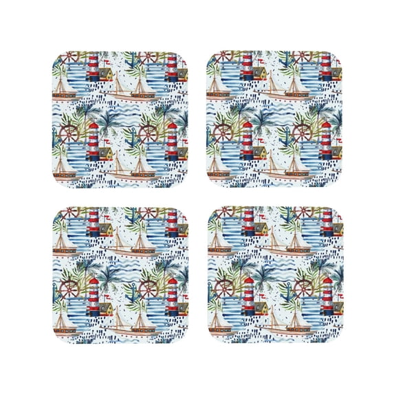 Fuzoiu Watercolor Sailboat Print Leather Coasters Set,Drink Coasters Set of 4,for Tabletop Protection, Durable PVC Coasters,Home Décor and Housewarming Gift-Square