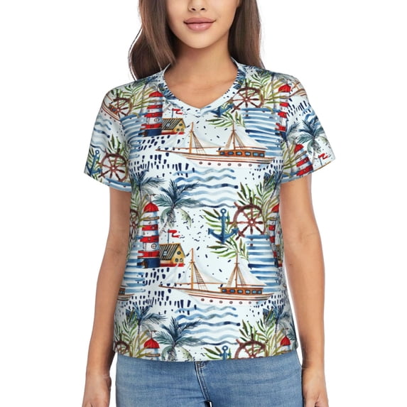 Fuzoiu Watercolor Sailboat Print Women's Classic V-Neck T-Shirt, Short Sleeve V Neck Tees for Casual Everyday Wear,Casual Fit Tee,Summer Fashion Tops-XX-Large