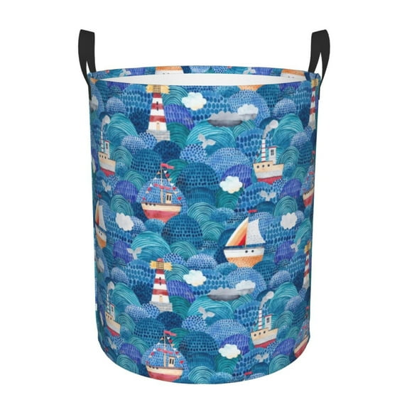 Fuzoiu Watercolor Ships Print Circular Hamper,Laundry Basket with Handle,Collapsible Laundry,Dirty Clothes Storage Basket,for Bedroom Bathroom Dorm Living Room-Small
