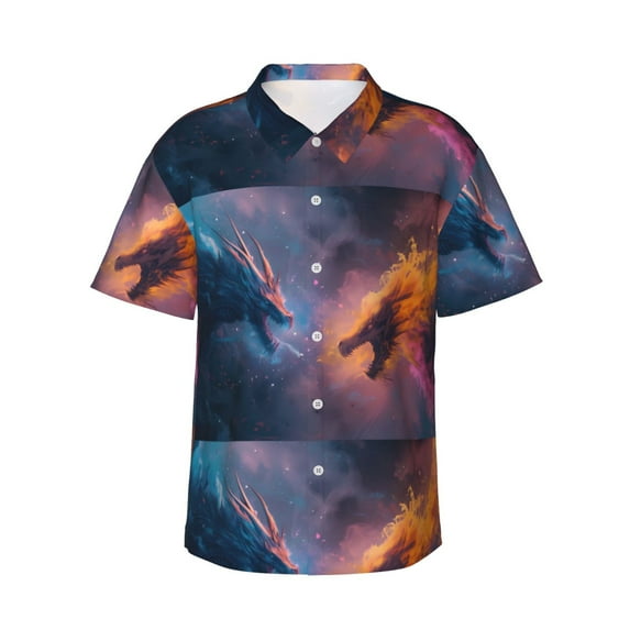 Fuzoiu Watercolor Sky Dragon Print Hawaiian Shirt for Men, Summer Beach Casual Short Sleeve Button Down Shirts, Men’s Beach Summer Shirts with Pocket,XX-Large