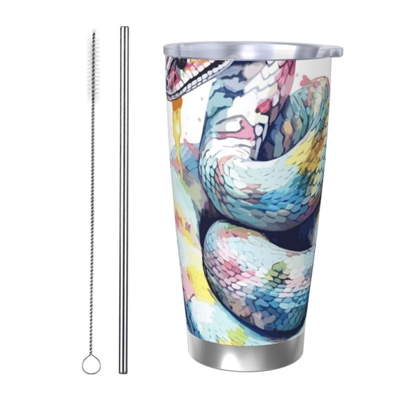 Fuzoiu Watercolor Snake Print 20oz Tumbler, Stainless Steel Vacuum Insulated Car Cup, Insulated Coffee Mug,Travel Mug with Lid,Thermal Cup for Outdoor-Straw Two-piece Set