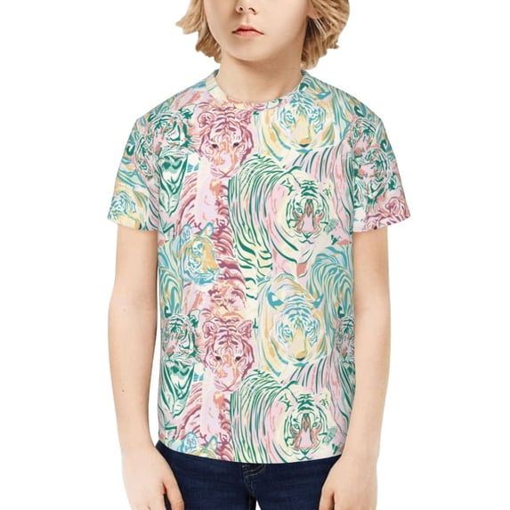 Fuzoiu Watercolor Tiger Print Boys' Casual T-Shirt,Crewneck Undershirts,Boys Athletic Shirt,Short Sleeve T-Shirts for Outdoor Play