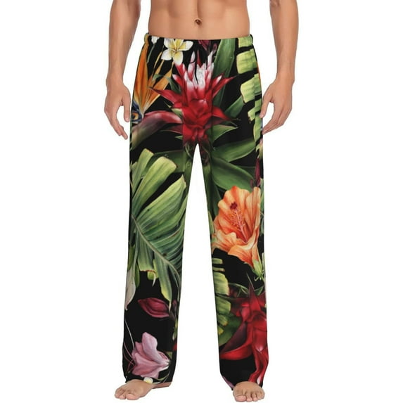 Fuzoiu Watercolor Tropical Flowers Print Men's Pajama Pants,Lounge Pants for Men,Lounge PJ Bottoms,Sleepwear Pants with Drawstring Pockets -Large