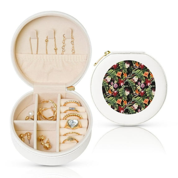 Fuzoiu Watercolor Tropical Flowers Print Portable Jewelry Box,Round Mini Leather Travel Jewelry Case,Small Travel Jewelry Organizer,Jewelry Holder for Ring Necklace Earring for Women Girls-White