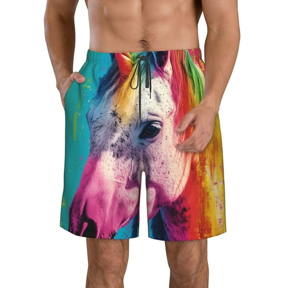 Fuzoiu Watercolor White Horse Print Men's Beach Shorts,Men's Swim Trunks,Quick Dry Board Shorts with Pockets,Men's Bathing Suits for Surfing, Running, and Casual Wear-Medium
