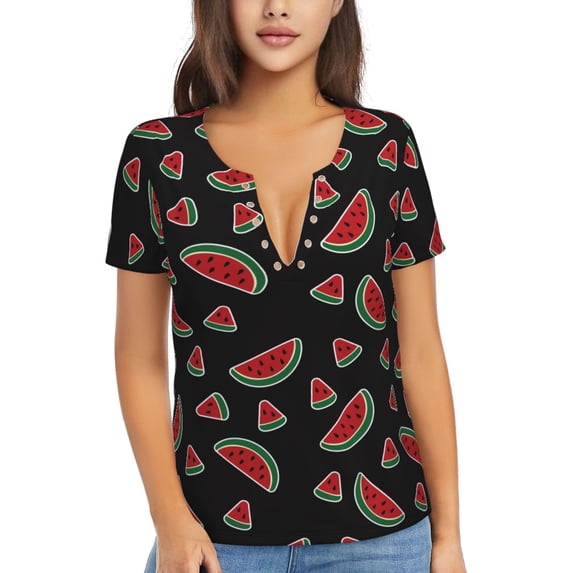 Fuzoiu Watermelon Print Women's V-Neck T-Shirt,Women's Short Sleeve Top, Comfortable for Work, Leisure, and Sports