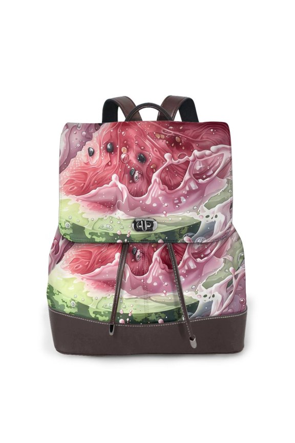 Fuzoiu Watermelon Splash Realism Art Print Women's Leather Backpack,Backpack in Leather with Adjustable Strap,College Bookbag for School,Work Business Backpack