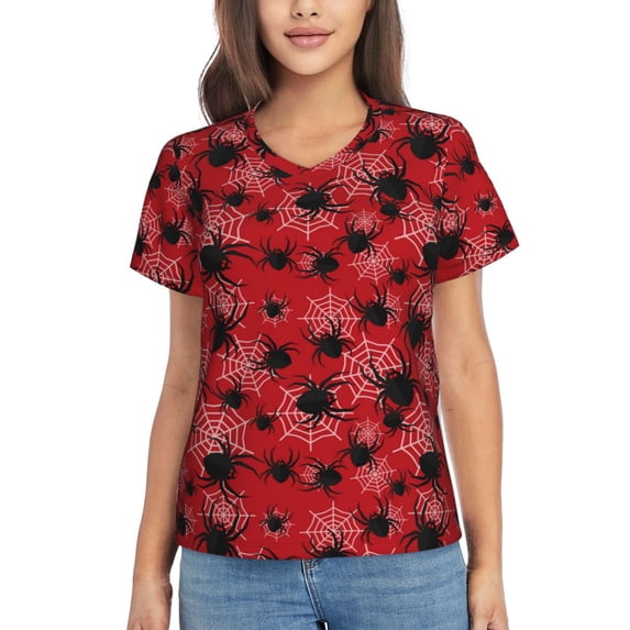 Fuzoiu A Web With A Spider 1 Print Women's Classic V-Neck T-Shirt, Short Sleeve V Neck Tees for Casual Everyday Wear,Casual Fit Tee,Summer Fashion Tops-Medium