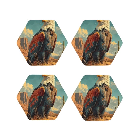 Fuzoiu Western Desert Cactus Bald Eagle Print Leather Coasters Set,Drink Coasters Set of 4,for Tabletop Protection, Durable PVC Coasters,Home Dcor and Housewarming Gift-Hexagon