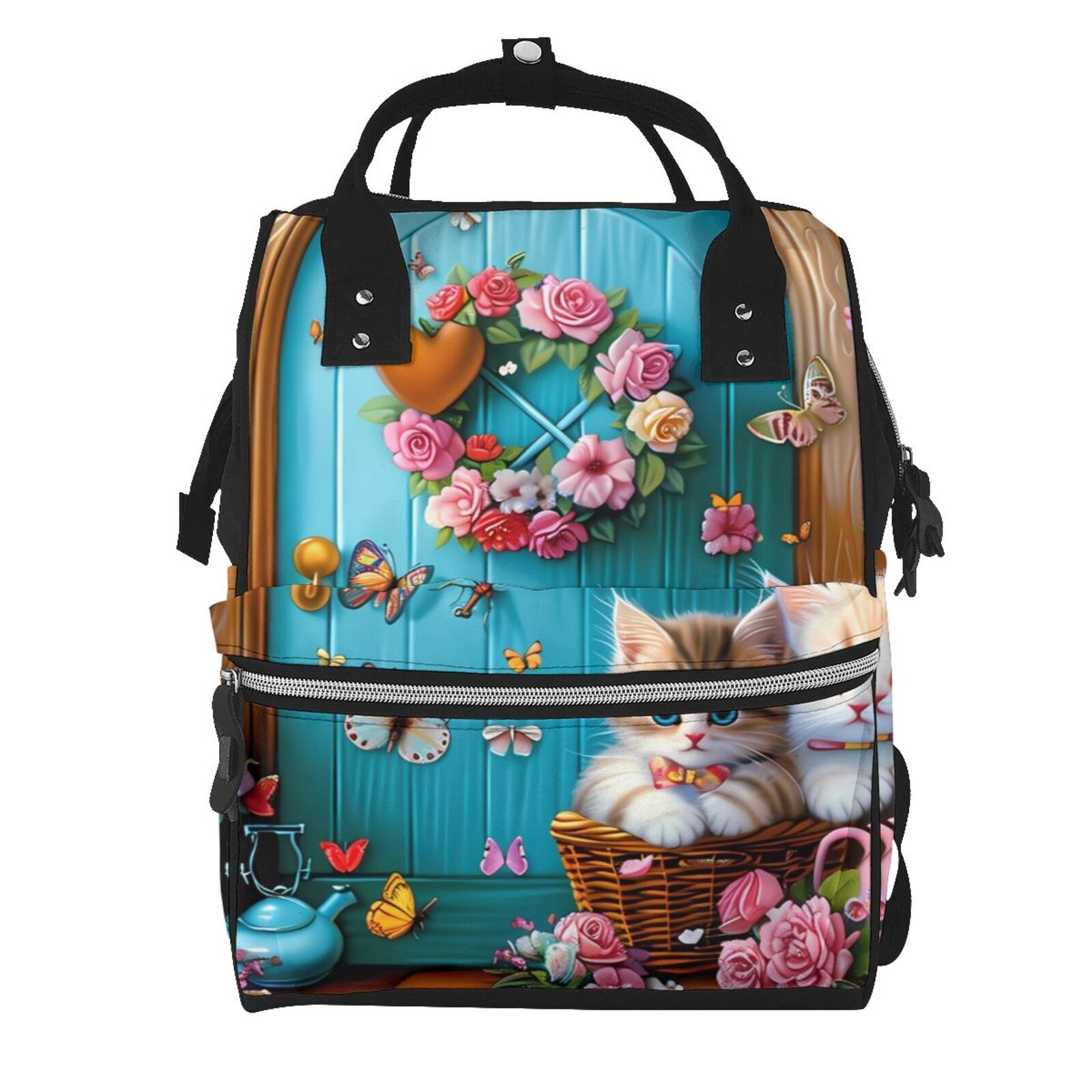 Fuzoiu Whimsical Cats and Flowers Scene Print Diaper Bag Backpack,Baby Essentials Travel Tote,Multi function Waterproof Diaper Bag, Travel Essentials Baby Bag - Unisex