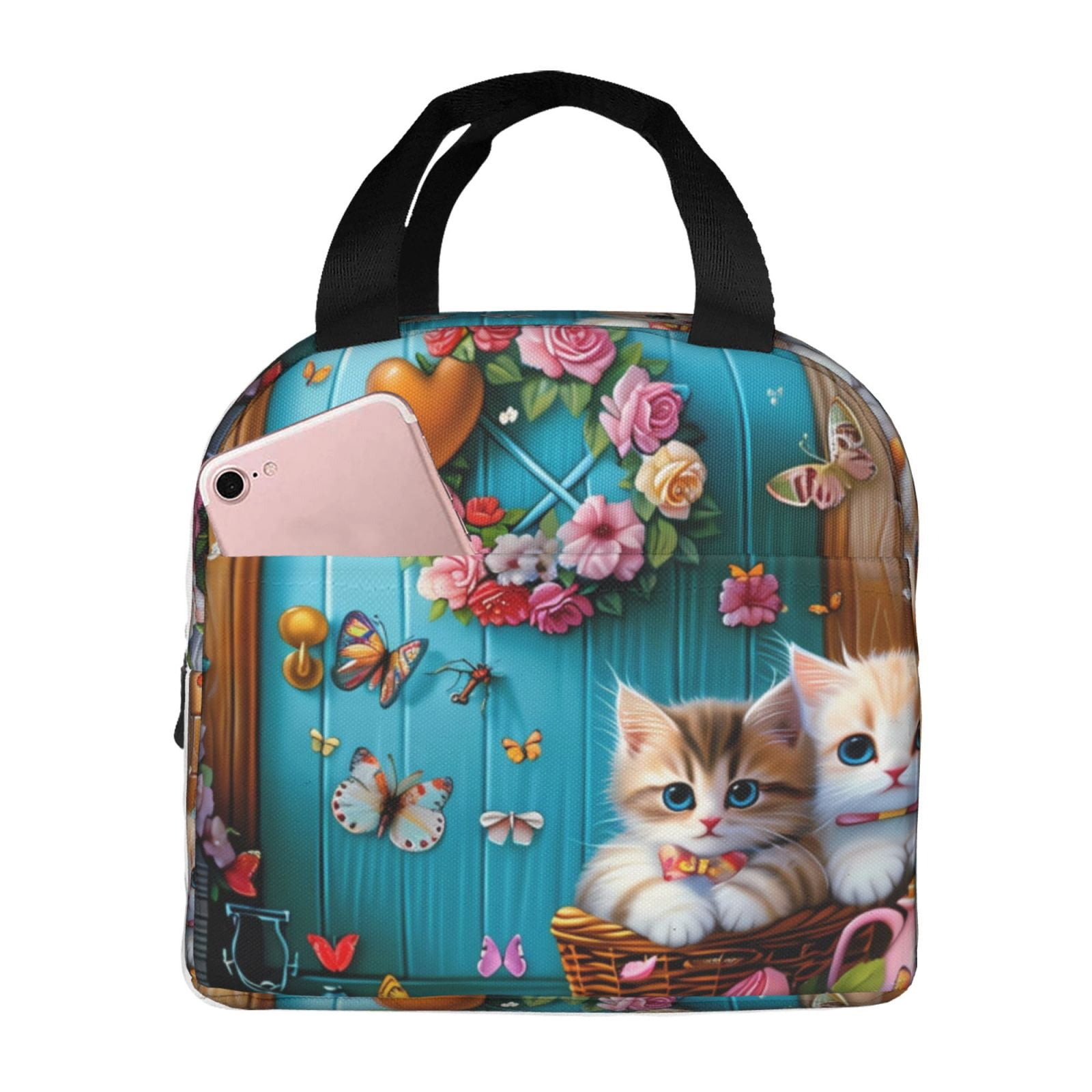 Fuzoiu Whimsical Cats and Flowers Scene Print Lunch Bag for Women & Men ...