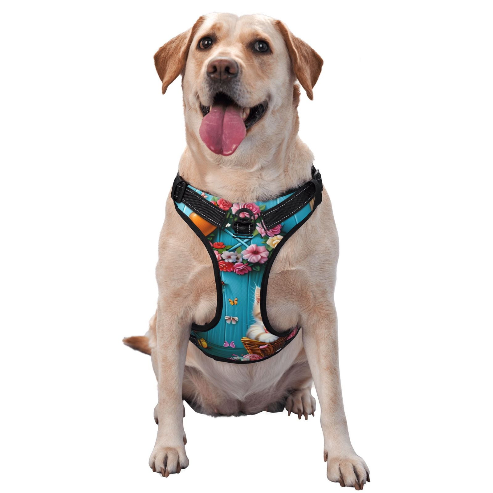 Fuzoiu Whimsical Cats and Flowers Scene Print Reflective Dog Harness,Adjustable, Breathable Pet Vest,Dog Harness No Pull,No Choke Pet Vest for Small, Medium, and Large Dogs-Medium