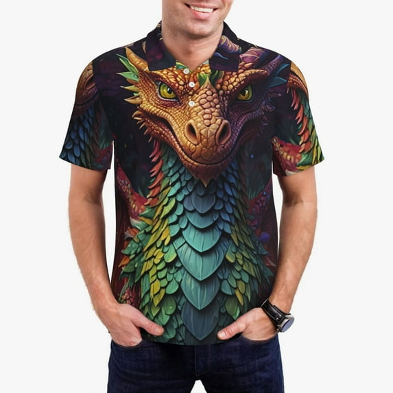 Fuzoiu Whimsical Dragon Color Cool Print Men's Polo Shirts Short Sleeve,Golf Shirts for Men,Mens Golf Shirt Moisture Wicking Quick-Dry-XX-Large