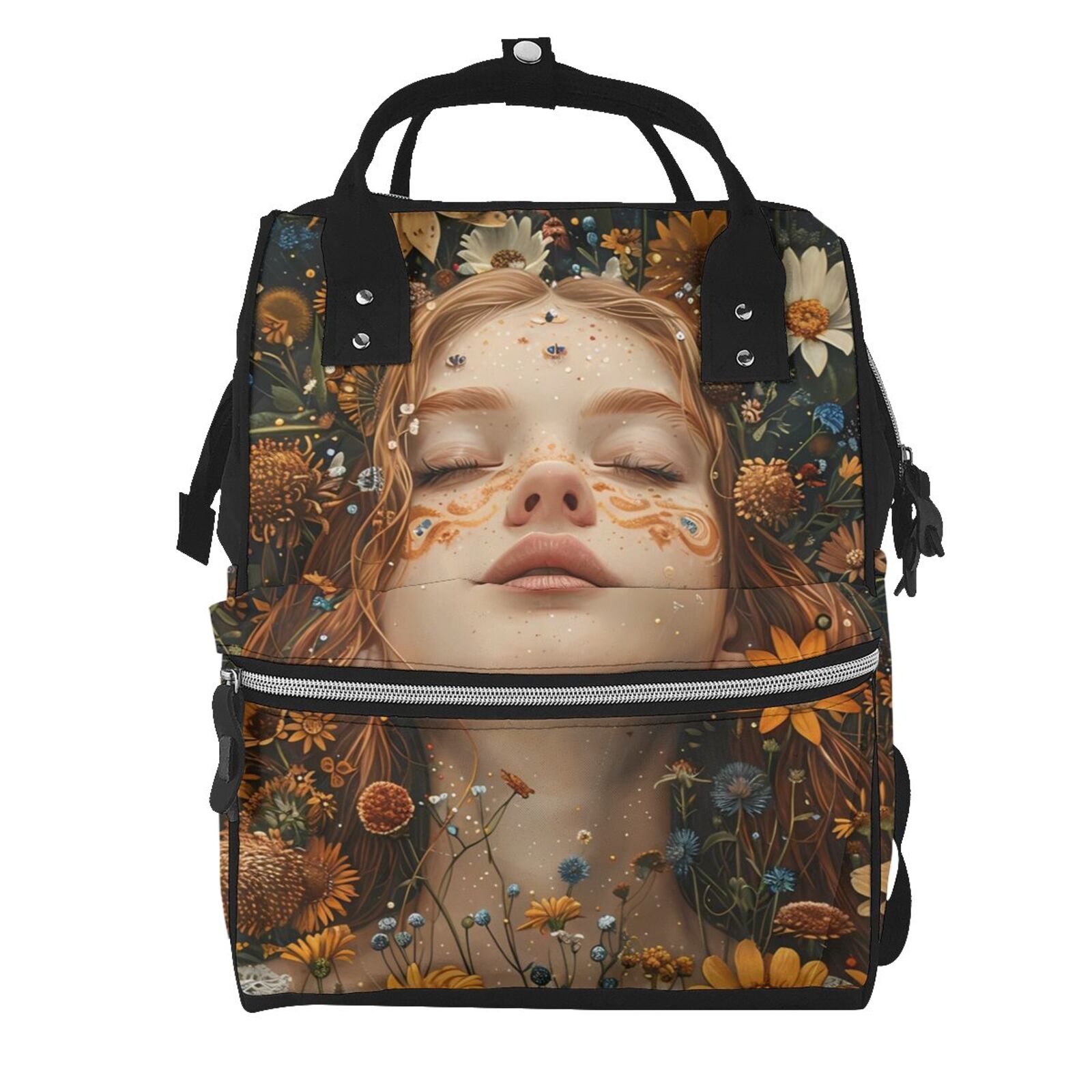 Fuzoiu Whimsical Flower Crown Maiden Print Diaper Bag Backpack,Baby Essentials Travel Tote,Multi function Waterproof Diaper Bag, Travel Essentials Baby Bag - Unisex
