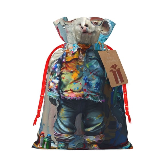 Fuzoiu Whimsical Goat Artist Print Christmas Gift Bag,Burlap Gift Bag with Drawstring Closure & Hang Tag,Perfect for Holidays, Birthdays, and Special Occasions-Medium