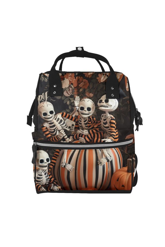 Whimsical Halloween Skeletons Print Diaper Bag Backpack,Baby Essentials Travel Tote,Multi function Waterproof Diaper Bag, Travel Essentials Baby Bag - Unisex
