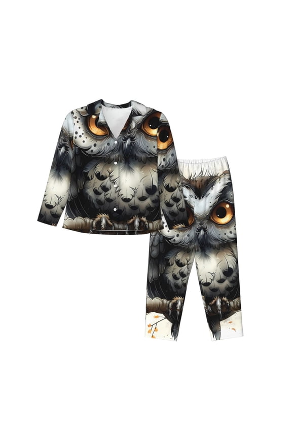 Whimsical Owl On Branch Print Women's Long-Sleeved Pajama,Lounge Button Down Nightwear,Womens Notch Collar Pajama Set-Medium