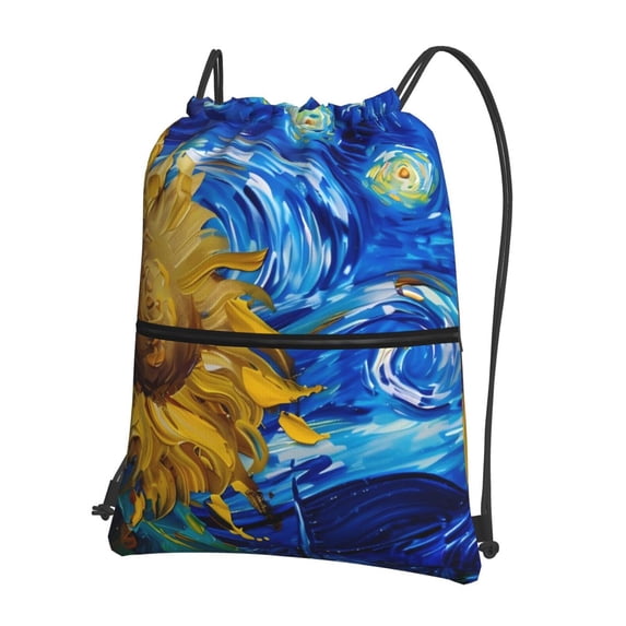 Fuzoiu Whimsical Sunflowers Night Sky Print Drawstring Backpack Water Resistant String Bag Sports Sackpack Gym Sack for Men Women