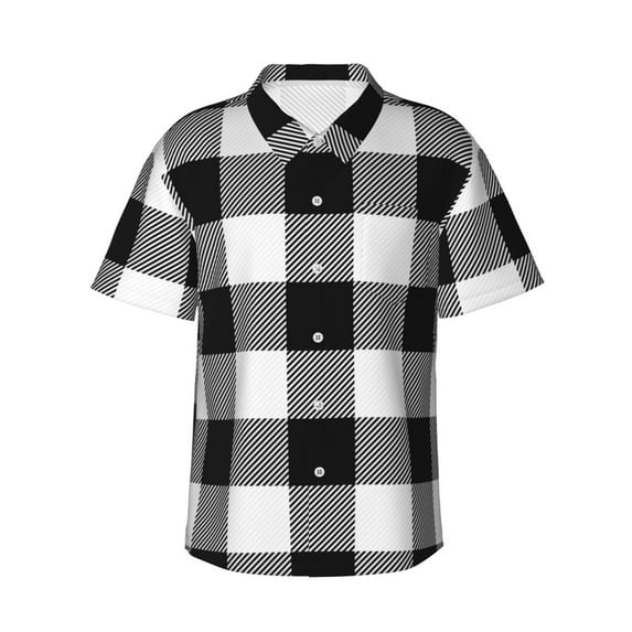 Fuzoiu White And Black Plaid Print Hawaiian Shirt for Men, Summer Beach Casual Short Sleeve Button Down Shirts, Men’s Beach Summer Shirts with Pocket,
