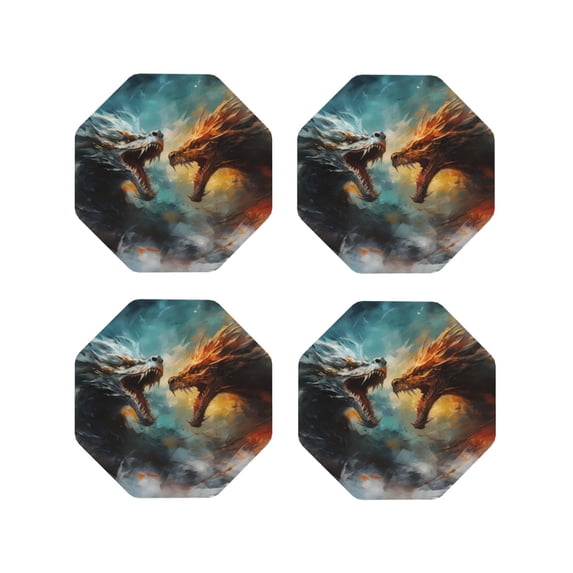 Fuzoiu White And Red Sketch Dragon Print Leather Coasters Set,Drink Coasters Set of 4,for Tabletop Protection, Durable PVC Coasters,Home Décor and Housewarming Gift-Octagon