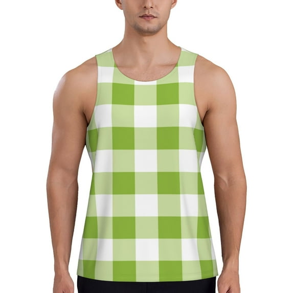 Fuzoiu White Green Plaid Print Men's Workout Tank Tops,Sleeveless Gym Shirt Quick Dry,Fitness Bodybuilding T-Shirt,Muscle Athletic Workout Tee-Large