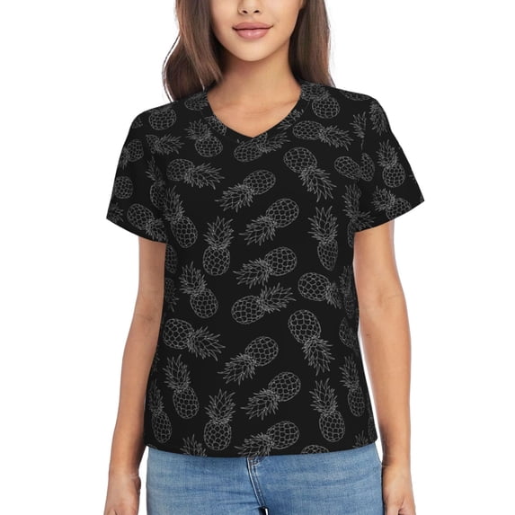 Fuzoiu White Pineapples Print Women's Classic V-Neck T-Shirt, Short Sleeve V Neck Tees for Casual Everyday Wear,Casual Fit Tee,Summer Fashion Tops-Medium