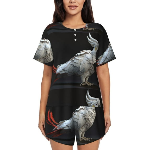 Fuzoiu White Red Cockatoo Print Women's Short-Sleeved Pajama Set,Lounge Sleepwear Set,Womens Pajama Sets 2 Piece,Button-Up Top and Shorts with Pockets-X-Large