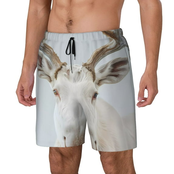 Fuzoiu White Reindeer Portrait Print Men's Swim Shorts,Quick-Dry Double-Layer Swim Trunks,Board Trunks,Beach Shorts Swimwear Bathing Suits-Medium