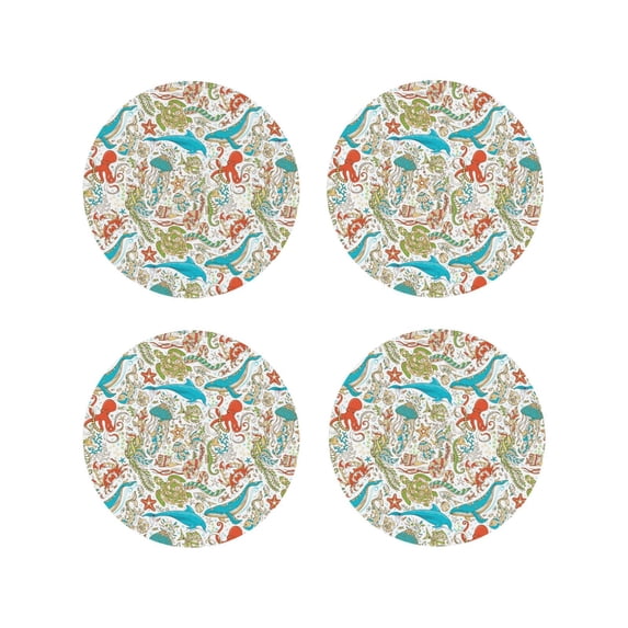Fuzoiu Wild Sea Life Print Leather Coasters Set,Drink Coasters Set of 4,for Tabletop Protection, Durable PVC Coasters,Home Décor and Housewarming Gift-Round Shape