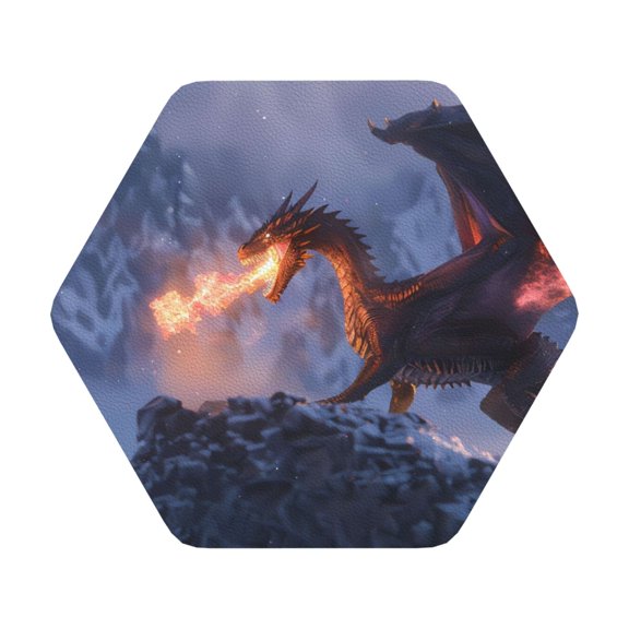 Fuzoiu Winter Fire Dragon Print Leather Coasters Set,Drink Coasters Set of 6,for Tabletop Protection, Durable PVC Coasters,Home Décor and Housewarming Gift,Hexagon