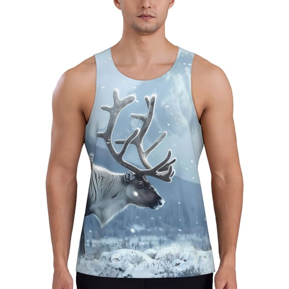 Fuzoiu Winter Reindeer In Snowy Mountains Print Men's Workout Tank Tops,Sleeveless Gym Shirt Quick Dry,Fitness Bodybuilding T-Shirt,Muscle Athletic Workout Tee-Medium