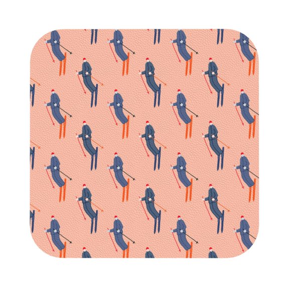 Fuzoiu Winter Skiing Adventure Print Leather Coasters Set,Drink Coasters Set of 6,for Tabletop Protection, Durable PVC Coasters,Home Décor and Housewarming Gift,Square
