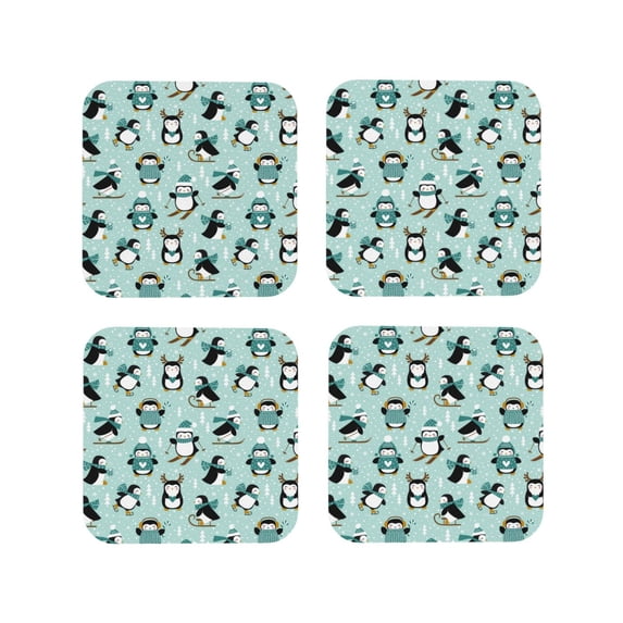 Fuzoiu Winter Skiing Penguin Print Leather Coasters Set,Drink Coasters Set of 4,for Tabletop Protection, Durable PVC Coasters,Home Décor and Housewarming Gift-Square