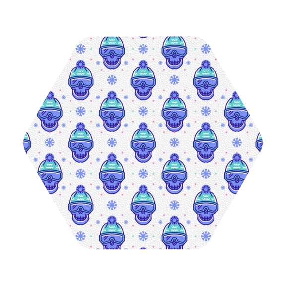 Fuzoiu Winter Snowflake Skiing Skull Print Leather Coasters Set,Drink Coasters Set of 6,for Tabletop Protection, Durable PVC Coasters,Home Décor and Housewarming Gift,Hexagon