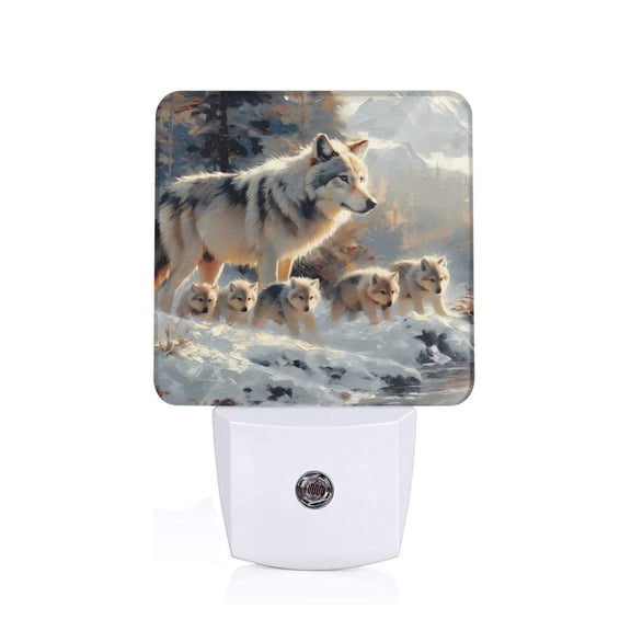 Fuzoiu Wolf Family Winter Wonderland Print Dusk to Dawn LED Night Light with Light Sensor, Energy-Efficient Touch-Safe Night Lamp for Home, Office, and Kids' Rooms-US