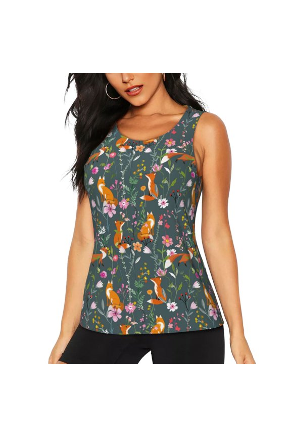 Wolf Fox In Flower Forest Print Women's Workout Tank Top,Athletic Racerback Sports Tank,Tops Sleeveless Running Loose Fit Yoga Tops,Active Shirts for Yoga, Running, and Gym-Medium