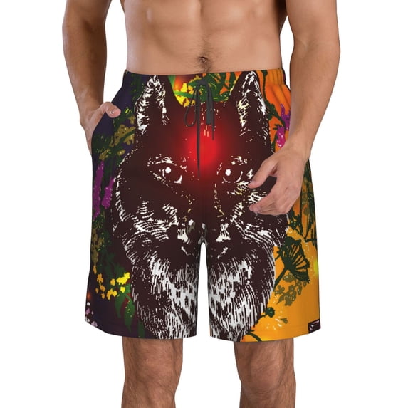 Fuzoiu Wolf With Wildflowers Print Men's Beach Shorts,Men's Swim Trunks,Quick Dry Board Shorts with Pockets,Men's Bathing Suits for Surfing, Running, and Casual Wear-XX-Large