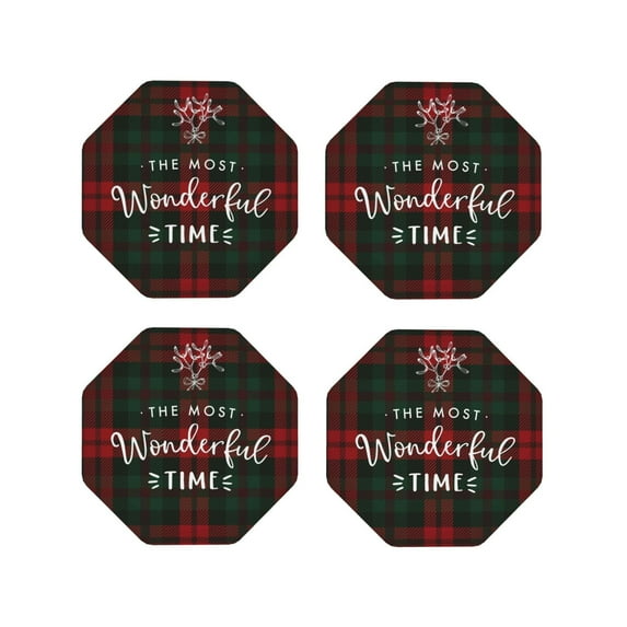Fuzoiu Wonderful Time Christmas Print Leather Coasters Set,Drink Coasters Set of 4,for Tabletop Protection, Durable PVC Coasters,Home Décor and Housewarming Gift-Octagon