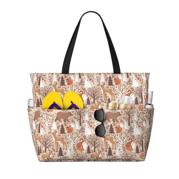 Fuzoiu Woodland Animals in Neutral Tones Print Waterproof Beach Tote Bag for Women Girls with Zipper,Sandproof Pool Swim Bag,Large Capacity Beach Travel Bag for Pool Swim Travel Everyday