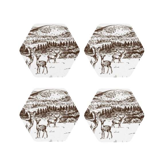 Fuzoiu Woodland Forest With Deers Print Leather Coasters Set,Drink Coasters Set of 4,for Tabletop Protection, Durable PVC Coasters,Home Décor and Housewarming Gift-Hexagon