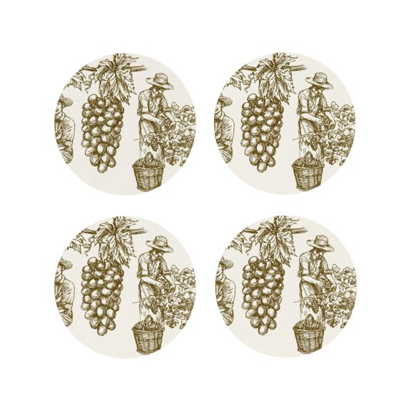 Fuzoiu Workers Cutting Grapes From Vineyard Print Leather Coasters Set,Drink Coasters Set of 4,for Tabletop Protection, Durable PVC Coasters,Home Décor and Housewarming Gift-Round Shape