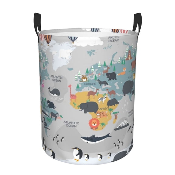 Fuzoiu The World Map with Cartoon Animals Print Circular Hamper,Laundry Basket with Handle,Collapsible Laundry,Dirty Clothes Storage Basket,for Bedroom Bathroom Dorm Living Room-Medium