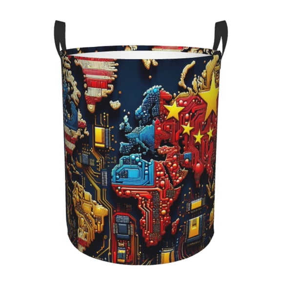 Fuzoiu World Map Of Digital Circuits Print Circular Hamper,Laundry Basket with Handle,Collapsible Laundry,Dirty Clothes Storage Basket,for Bedroom Bathroom Dorm Living Room-Small