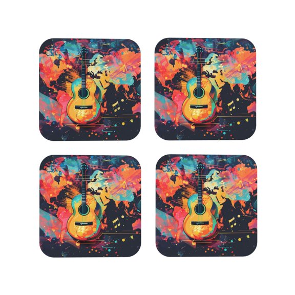 Fuzoiu World Map Guitar Illustration Print Leather Coasters Set,Drink Coasters Set of 4,for Tabletop Protection, Durable PVC Coasters,Home Décor and Housewarming Gift-Square