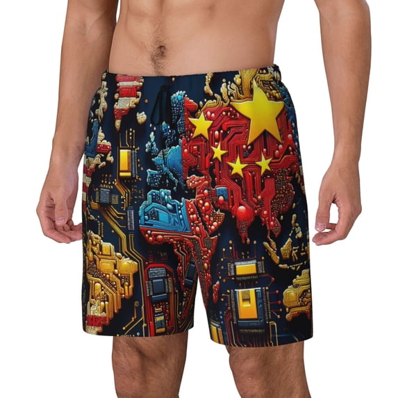 Fuzoiu World Map Of Digital Circuits Print Men's Swim Shorts,Quick-Dry Double-Layer Swim Trunks,Board Trunks,Beach Shorts Swimwear Bathing Suits-XX-Large