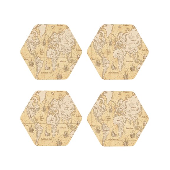 Fuzoiu World Map Print Leather Coasters Set,Drink Coasters Set of 4,for Tabletop Protection, Durable PVC Coasters,Home Décor and Housewarming Gift-Hexagon